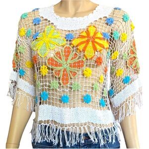 Vintage Crochet Top White & Orange Fringe Shirt Festival Blouse Size Medium